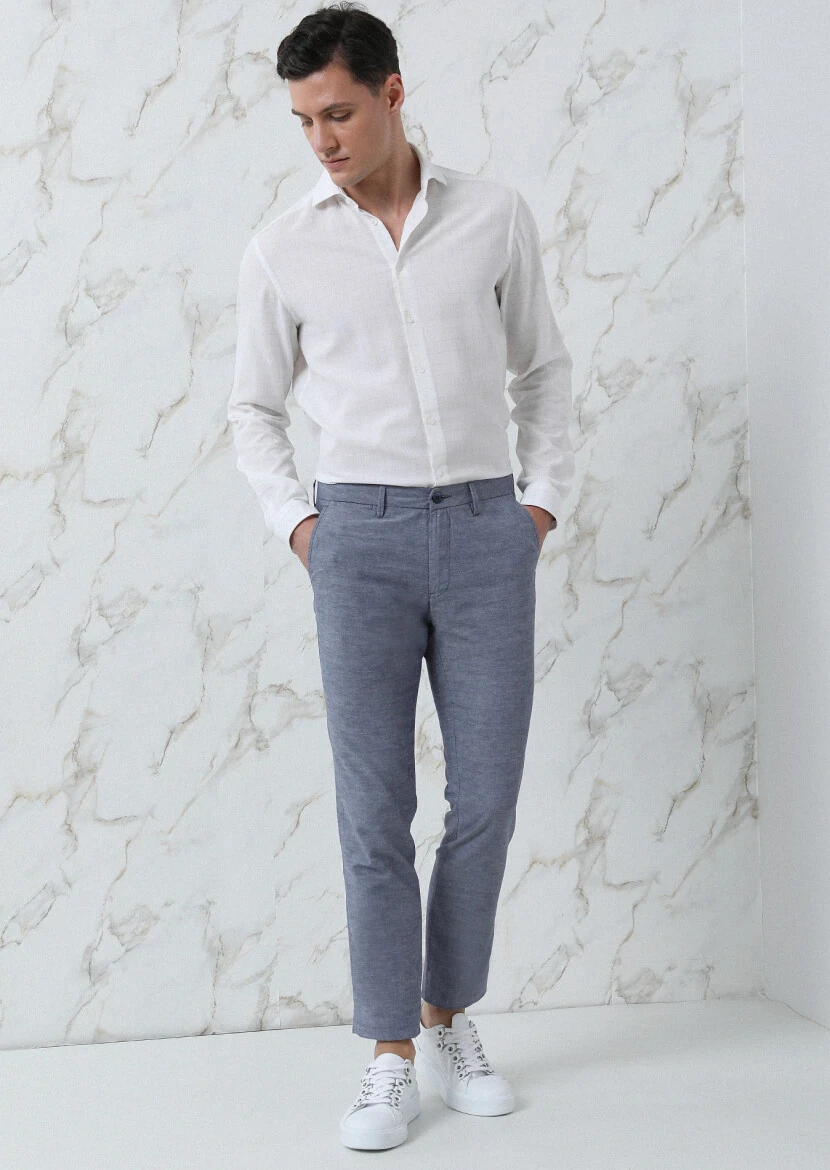 Navy Blue Weaving Regular Fit Casual Cotton Blended Trousers - 4