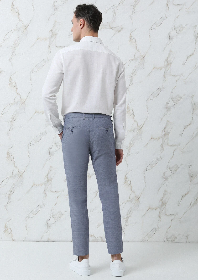 Navy Blue Weaving Regular Fit Casual Cotton Blended Trousers - 5