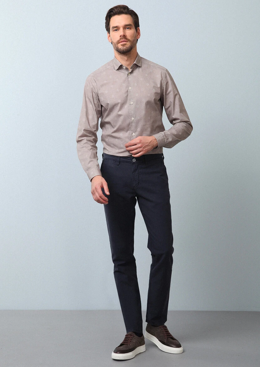 Navy Blue Weaving Regular Fit Casual Cotton Blended Trousers - 1