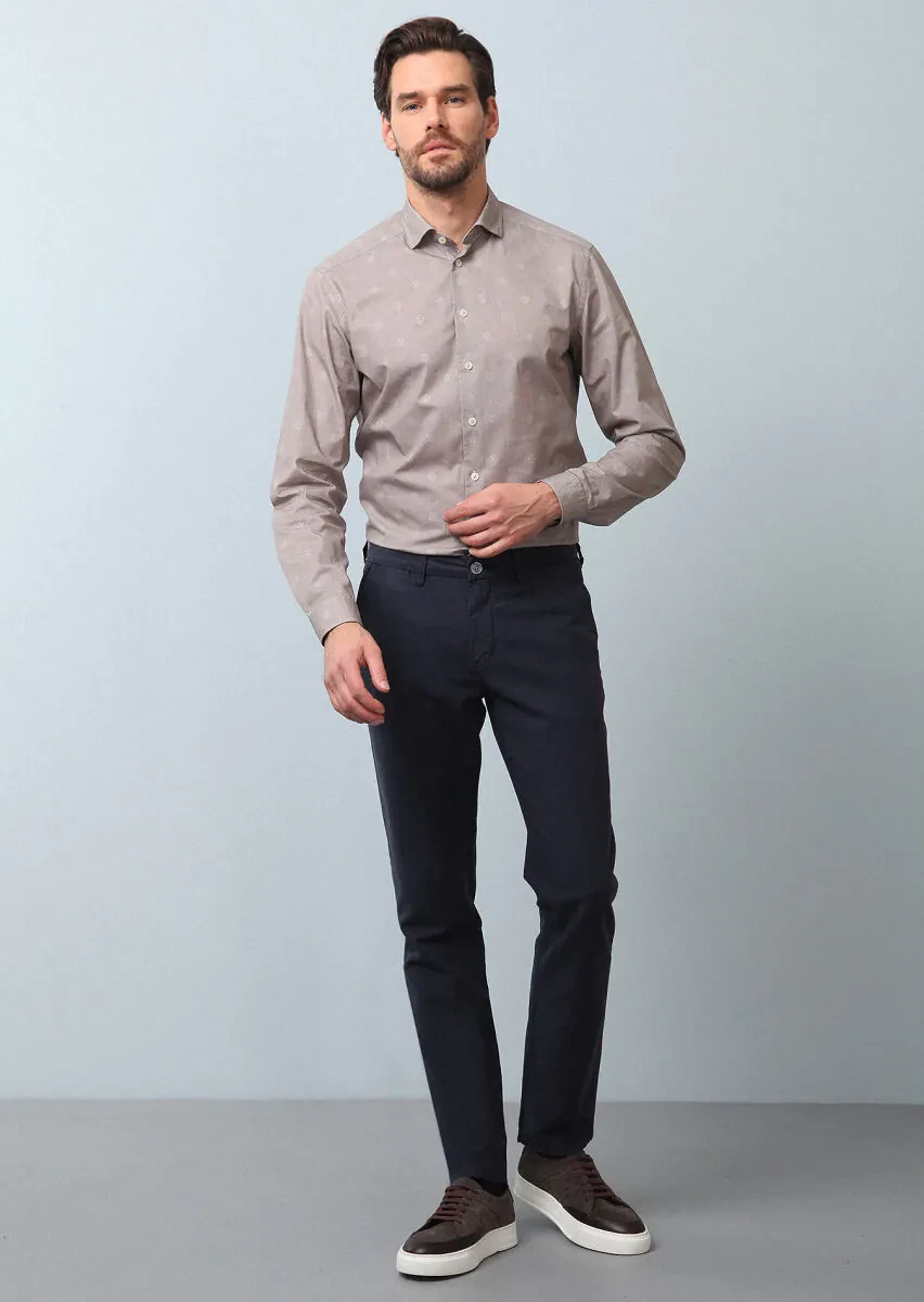 Navy Blue Weaving Regular Fit Casual Cotton Blended Trousers - 1