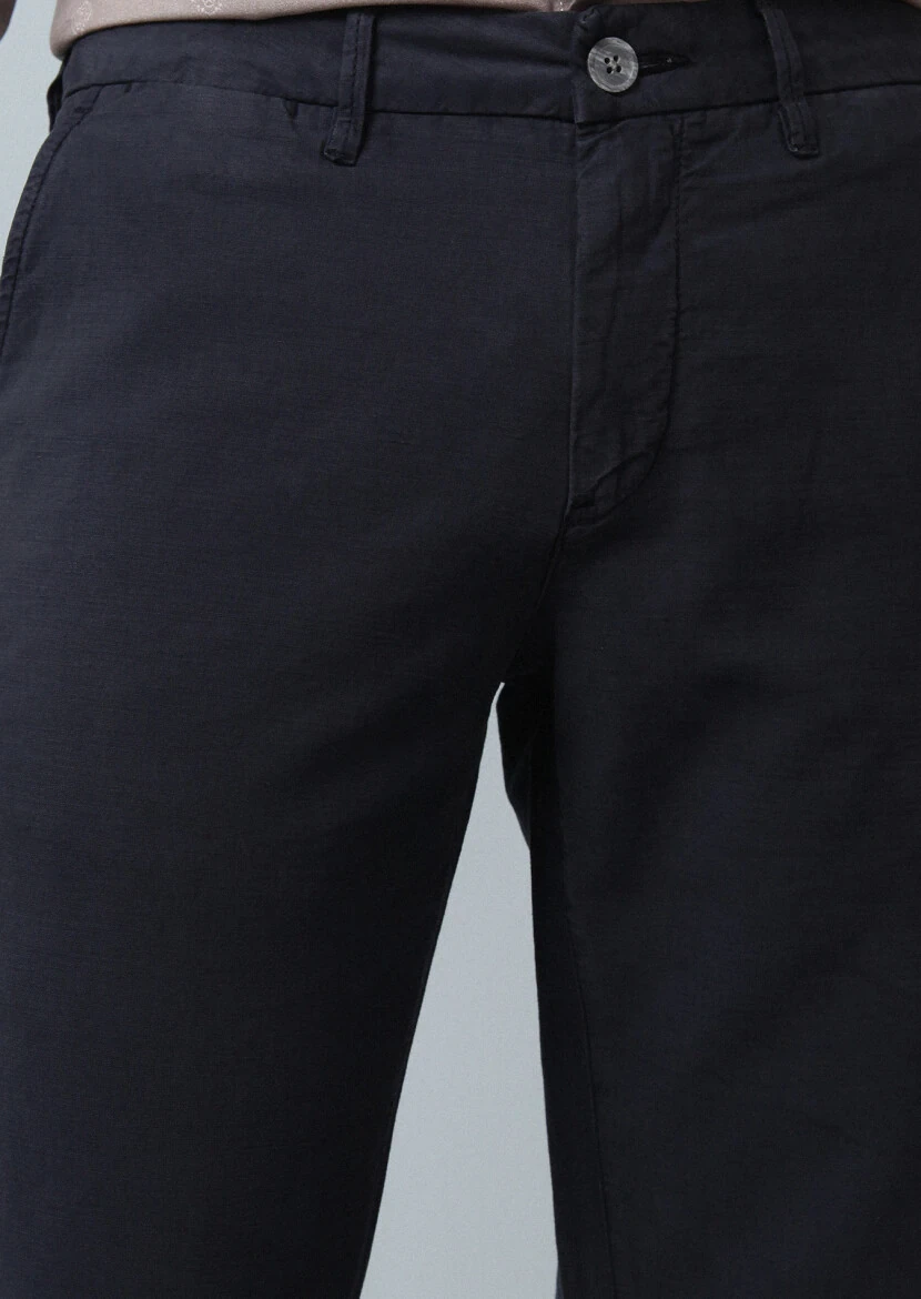 Navy Blue Weaving Regular Fit Casual Cotton Blended Trousers - 3