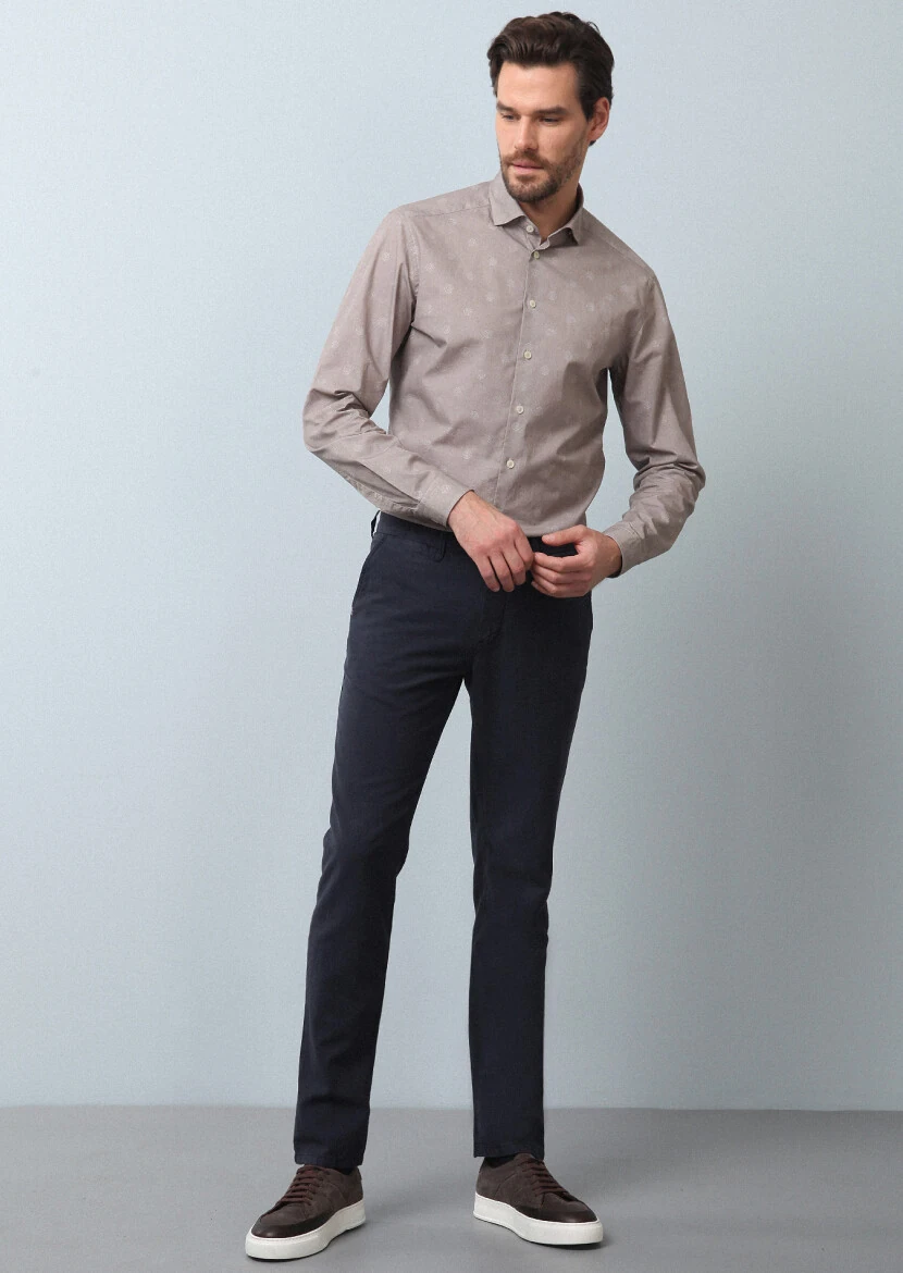 Navy Blue Weaving Regular Fit Casual Cotton Blended Trousers - 4