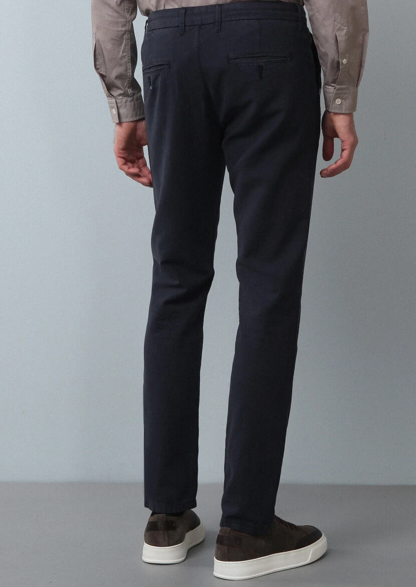 Navy Blue Weaving Regular Fit Casual Cotton Blended Trousers - 5