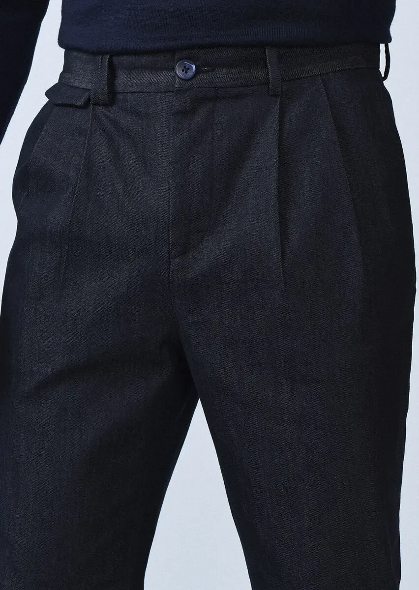 Navy Blue Weaving Regular Fit Casual Cotton Blended Trousers - 1