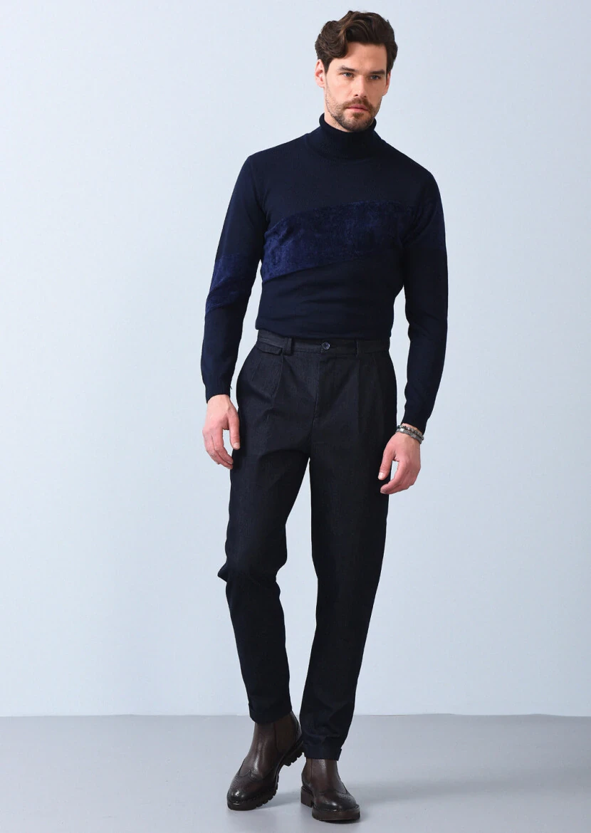 Navy Blue Weaving Regular Fit Casual Cotton Blended Trousers - 2