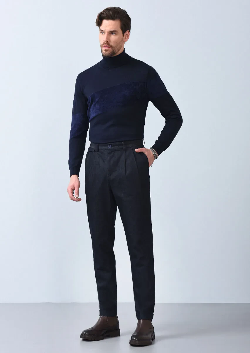 Navy Blue Weaving Regular Fit Casual Cotton Blended Trousers - 3