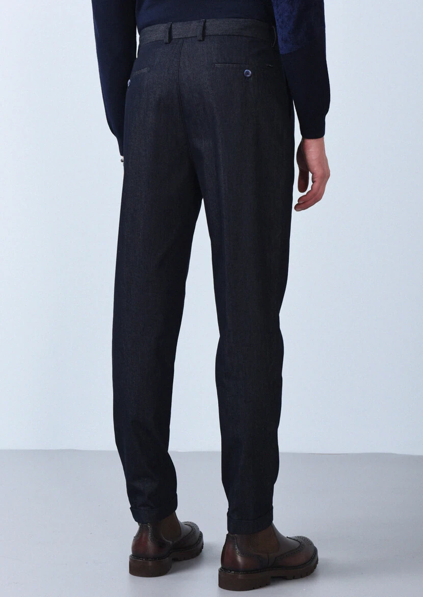 Navy Blue Weaving Regular Fit Casual Cotton Blended Trousers - 5