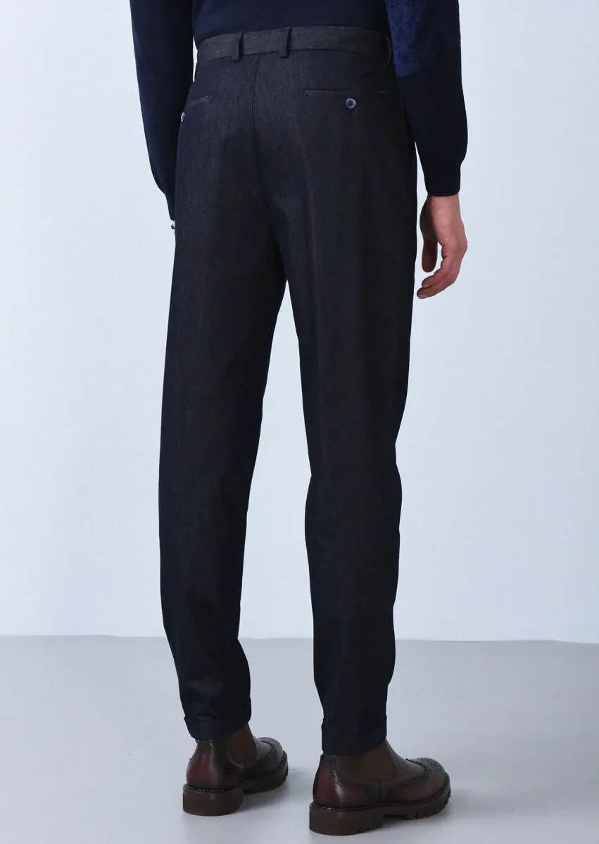 Navy Blue Weaving Regular Fit Casual Cotton Blended Trousers - 5