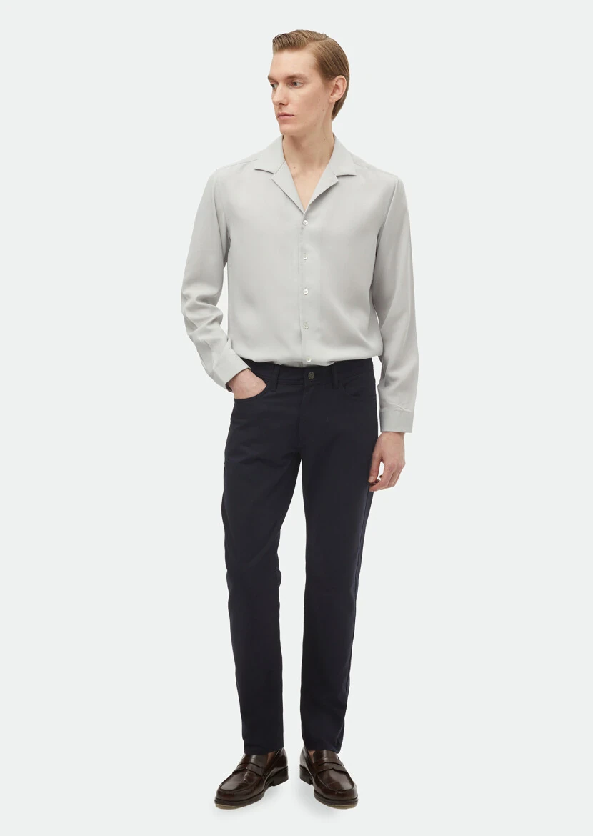 Navy Blue Weaving Regular Fit Casual Cotton Blended Trousers - RAMSEY