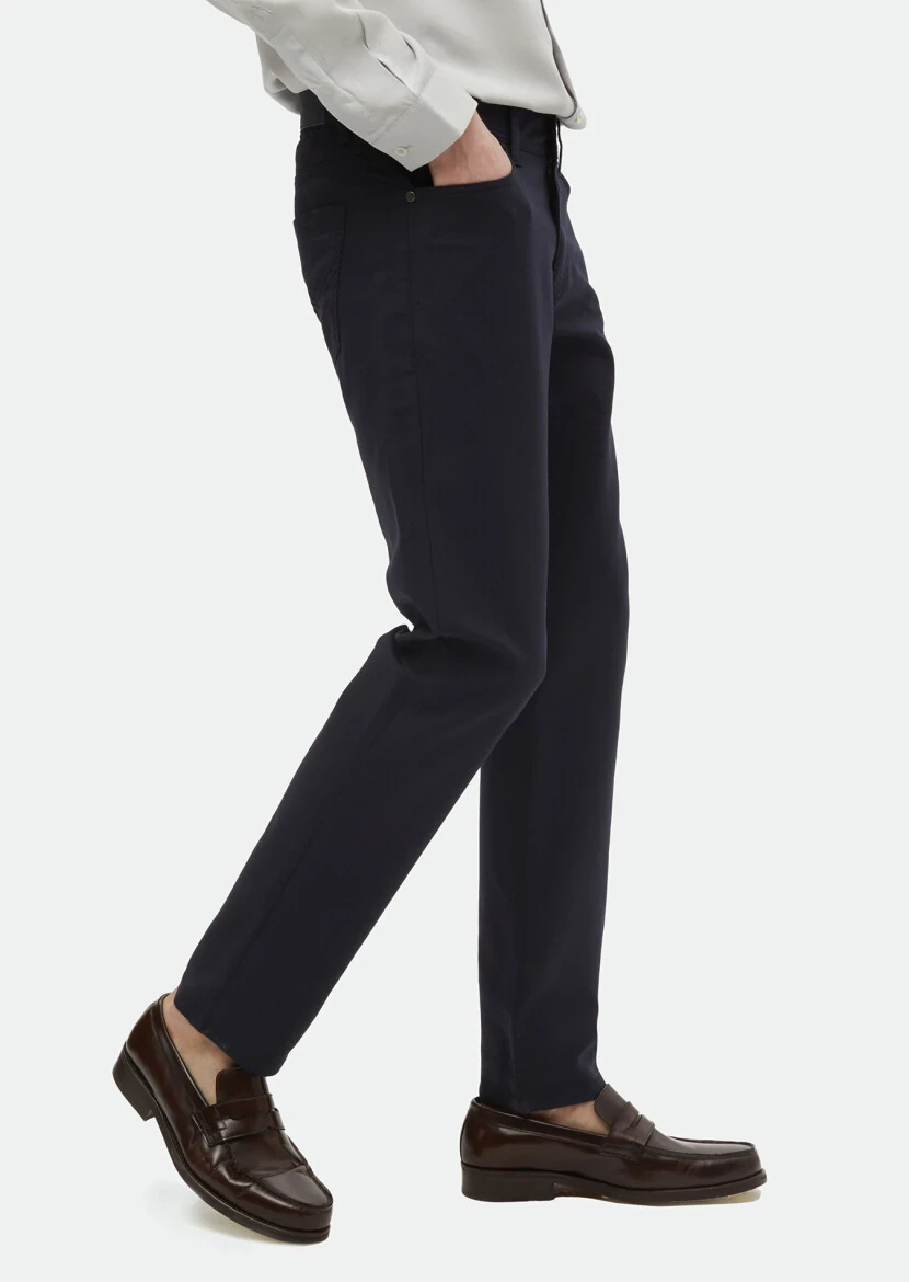 Navy Blue Weaving Regular Fit Casual Cotton Blended Trousers - RAMSEY