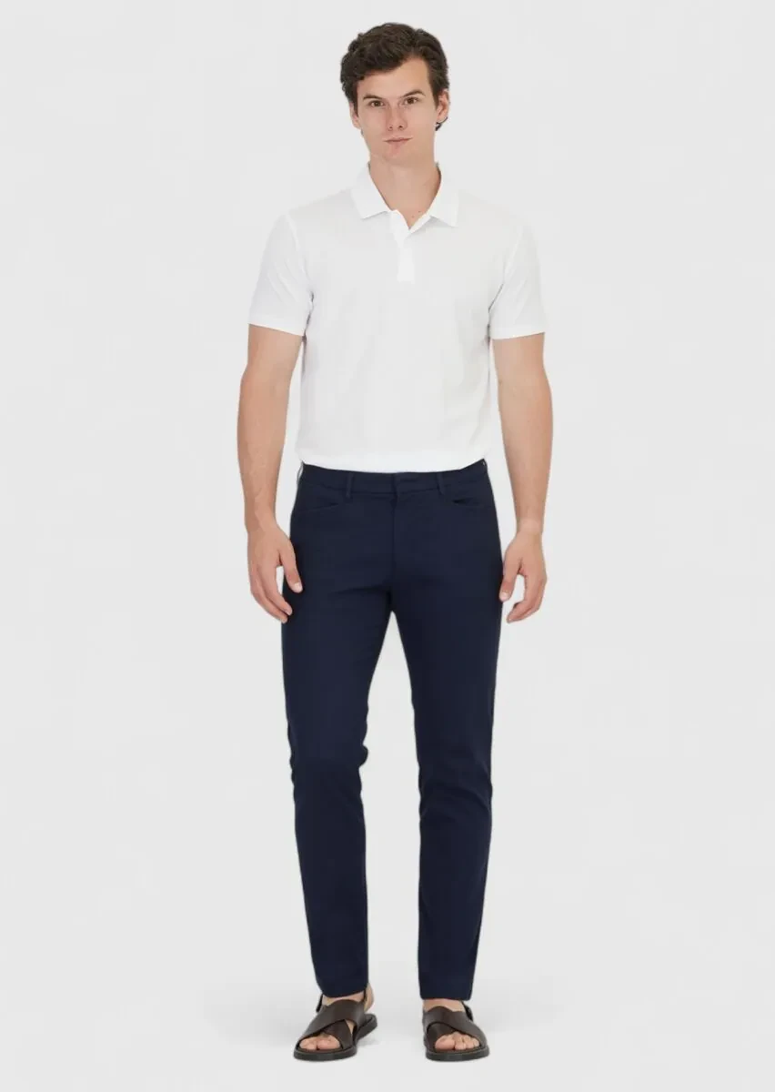 Navy Blue Weaving Regular Fit Casual Cotton Blended Trousers - 1