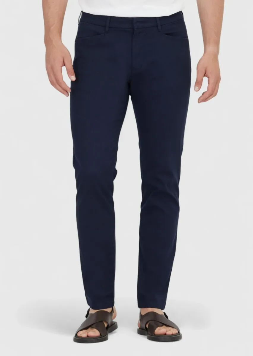 Navy Blue Weaving Regular Fit Casual Cotton Blended Trousers - 2