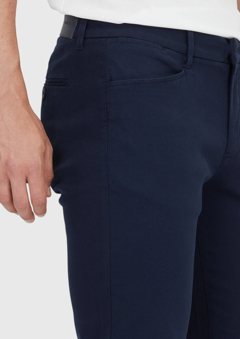 Navy Blue Weaving Regular Fit Casual Cotton Blended Trousers - 3