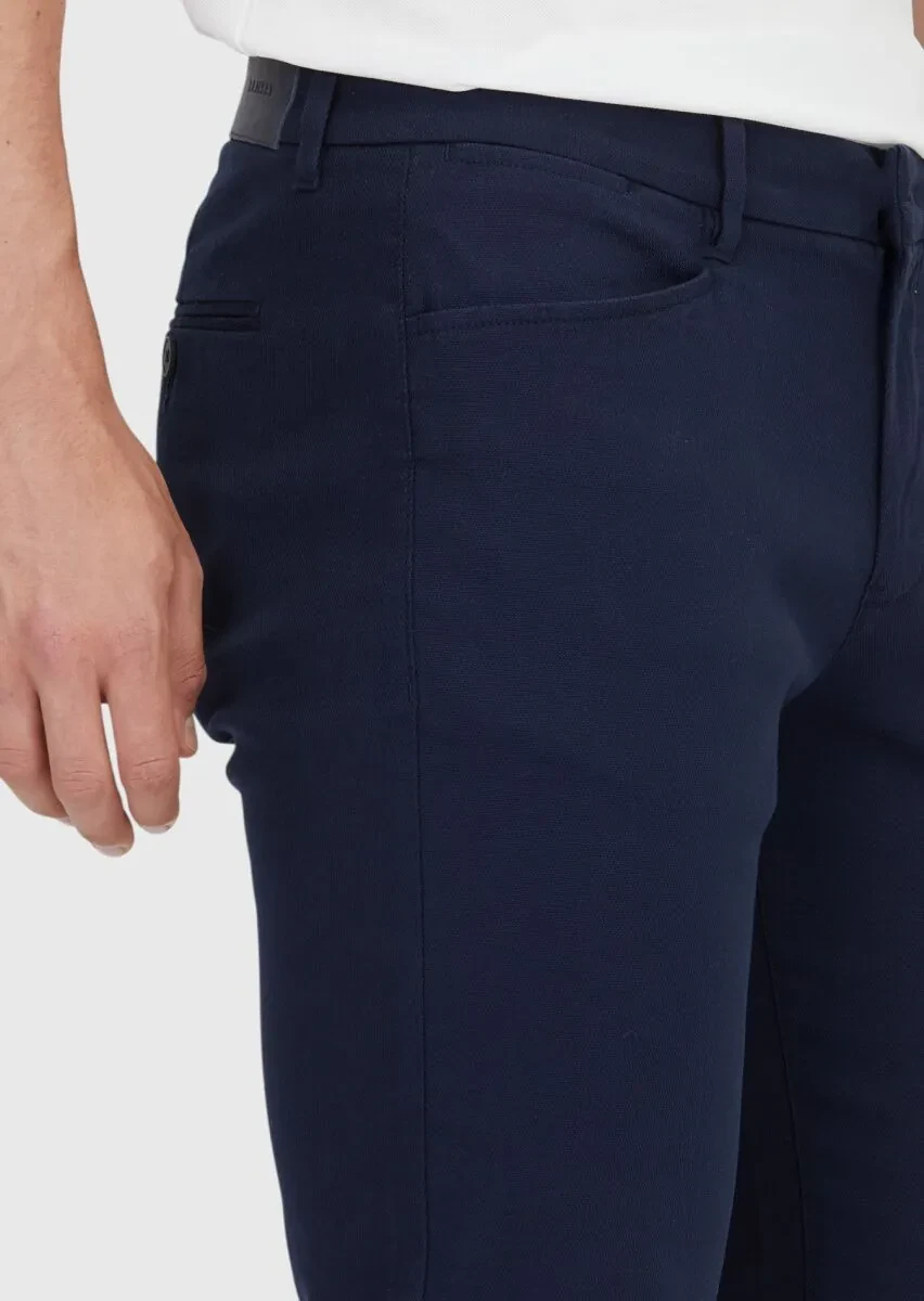 Navy Blue Weaving Regular Fit Casual Cotton Blended Trousers - 3