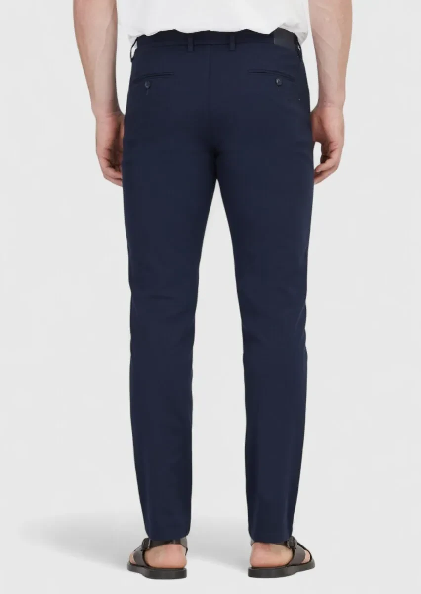 Navy Blue Weaving Regular Fit Casual Cotton Blended Trousers - 4