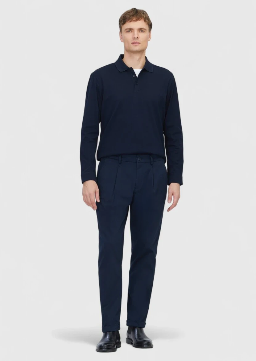 Navy Blue Weaving Regular Fit Casual Cotton Blended Trousers - RAMSEY