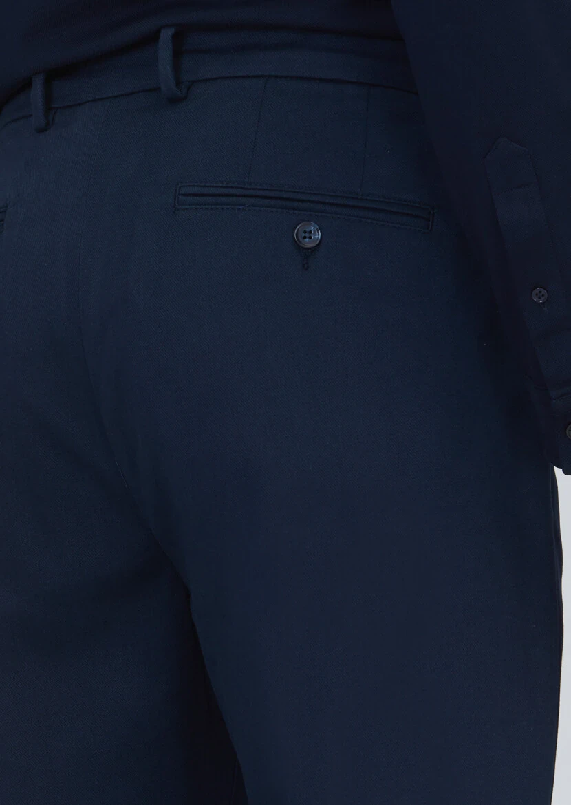 Navy Blue Weaving Regular Fit Casual Cotton Blended Trousers - 4
