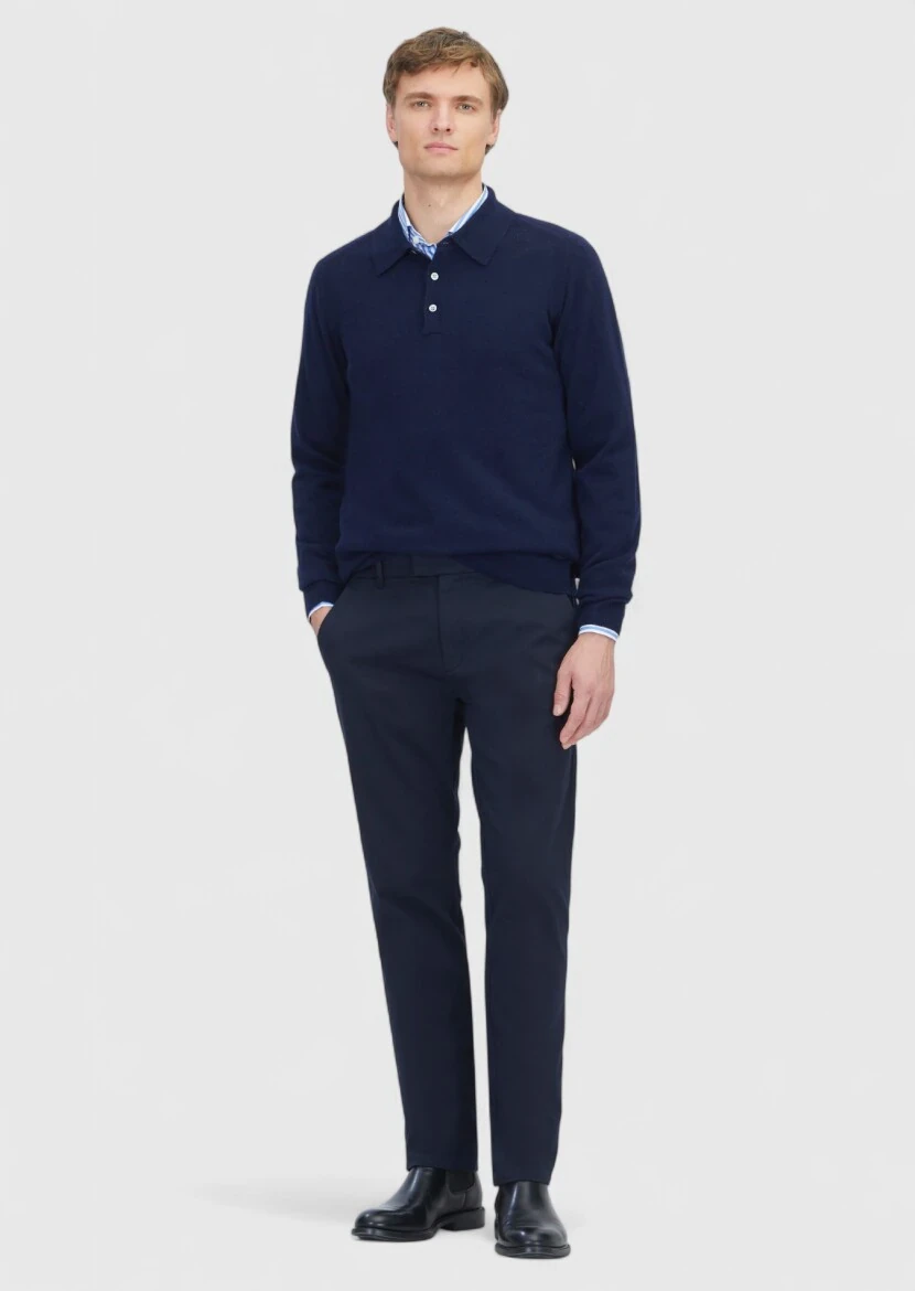 Navy Blue Weaving Regular Fit Casual Cotton Blended Trousers - RAMSEY