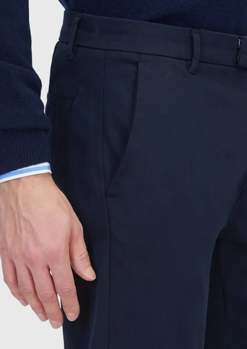 Navy Blue Weaving Regular Fit Casual Cotton Blended Trousers - 3