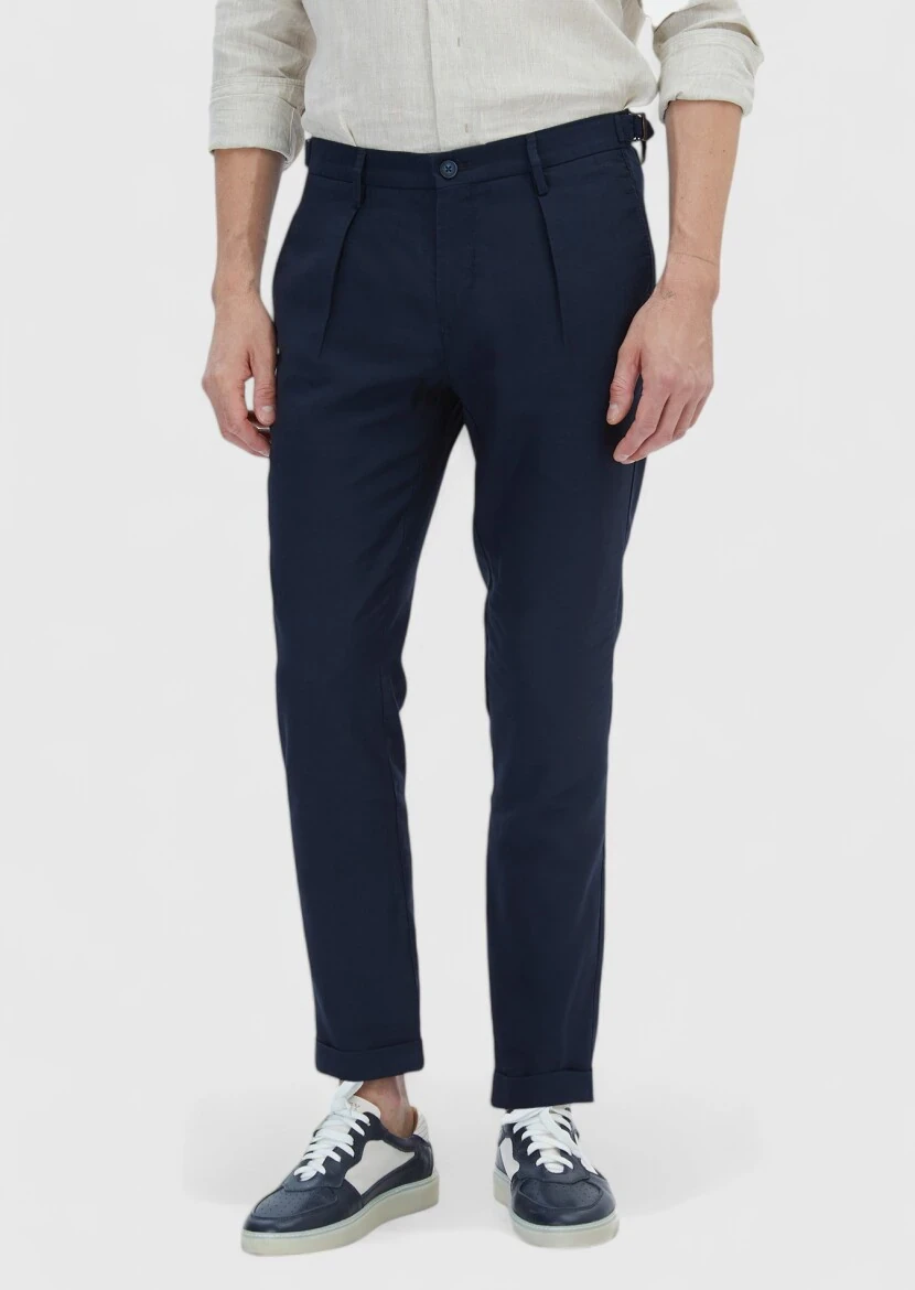 Navy Blue Weaving Regular Fit Casual Linen Blended Trousers - RAMSEY