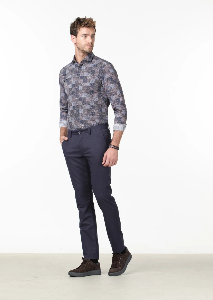 Navy Blue Weaving Regular Fit Casual Trousers - 1