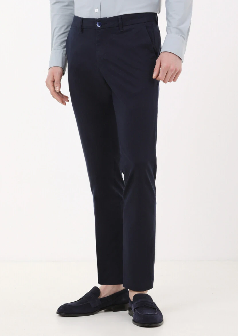 Navy Blue Weaving Regular Fit Casual Trousers 