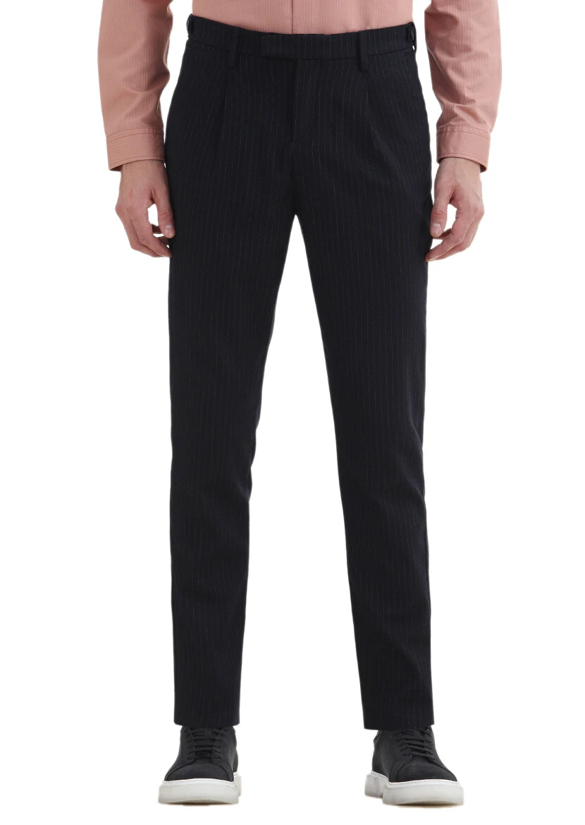 Navy Blue Weaving Regular Fit Casual Trousers 