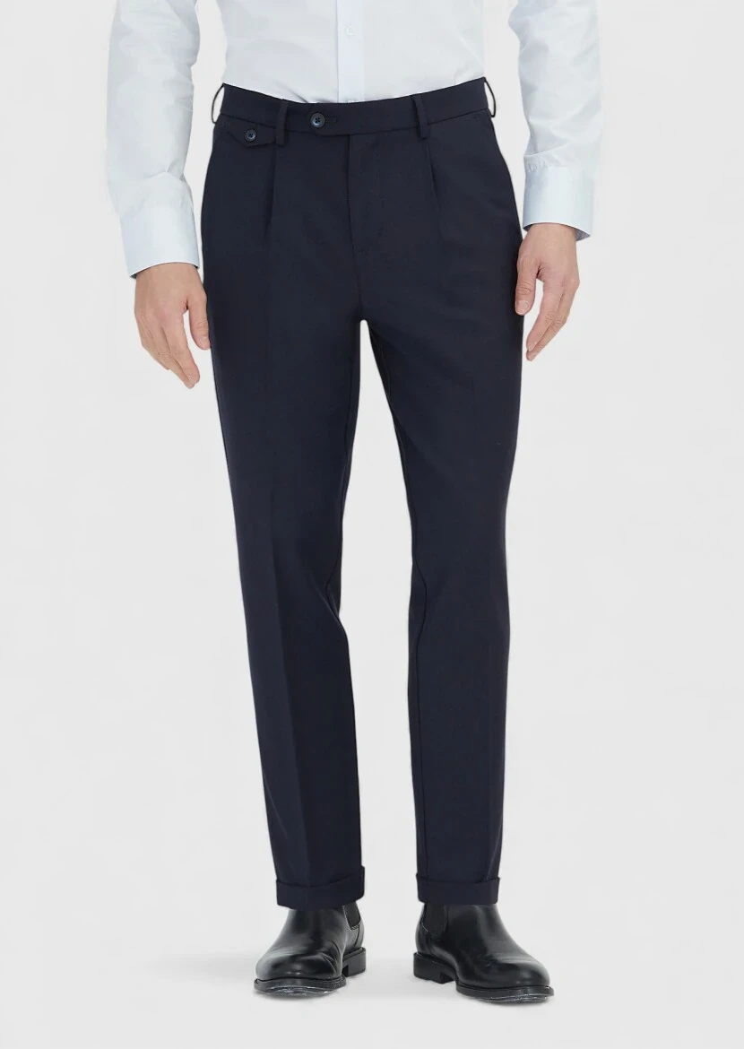 Navy Blue Weaving Regular Fit Casual Wool Blended Trousers 