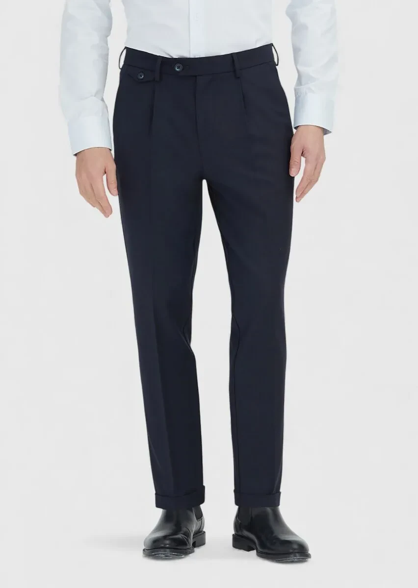 Navy Blue Weaving Regular Fit Casual Wool Blended Trousers - 2