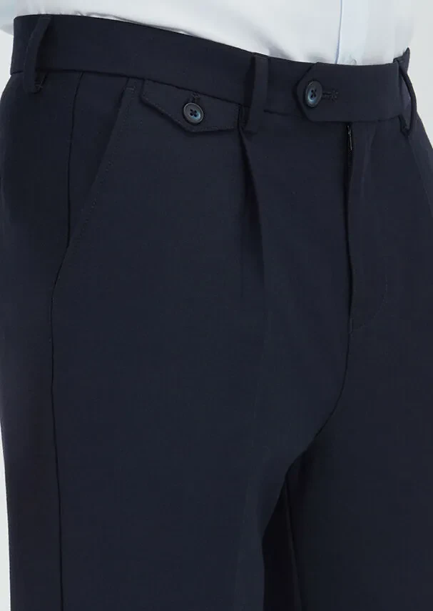 Navy Blue Weaving Regular Fit Casual Wool Blended Trousers - 3