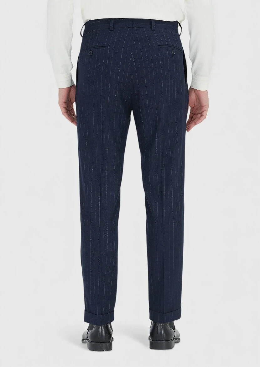 Navy Blue Weaving Regular Fit Casual Wool Blended Trousers - 5