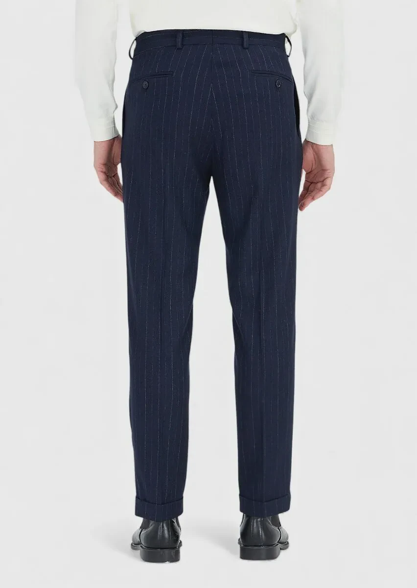 Navy Blue Weaving Regular Fit Casual Wool Blended Trousers - 5