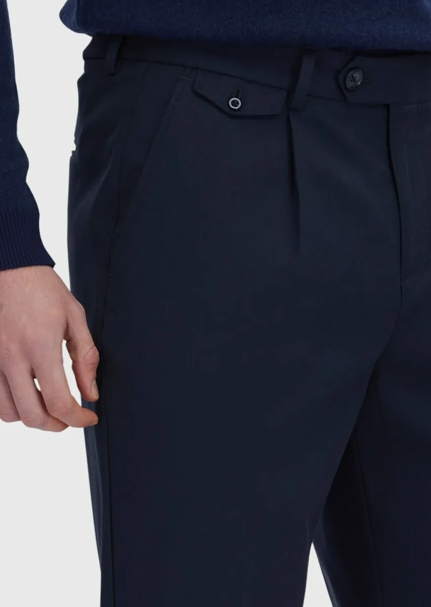 Navy Blue Weaving Regular Fit Casual Wool Blended Trousers - 3