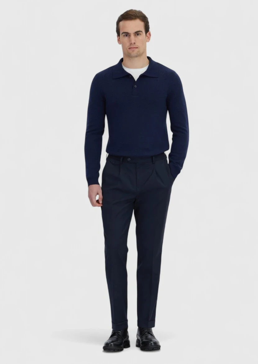 Navy Blue Weaving Regular Fit Casual Wool Blended Trousers - RAMSEY