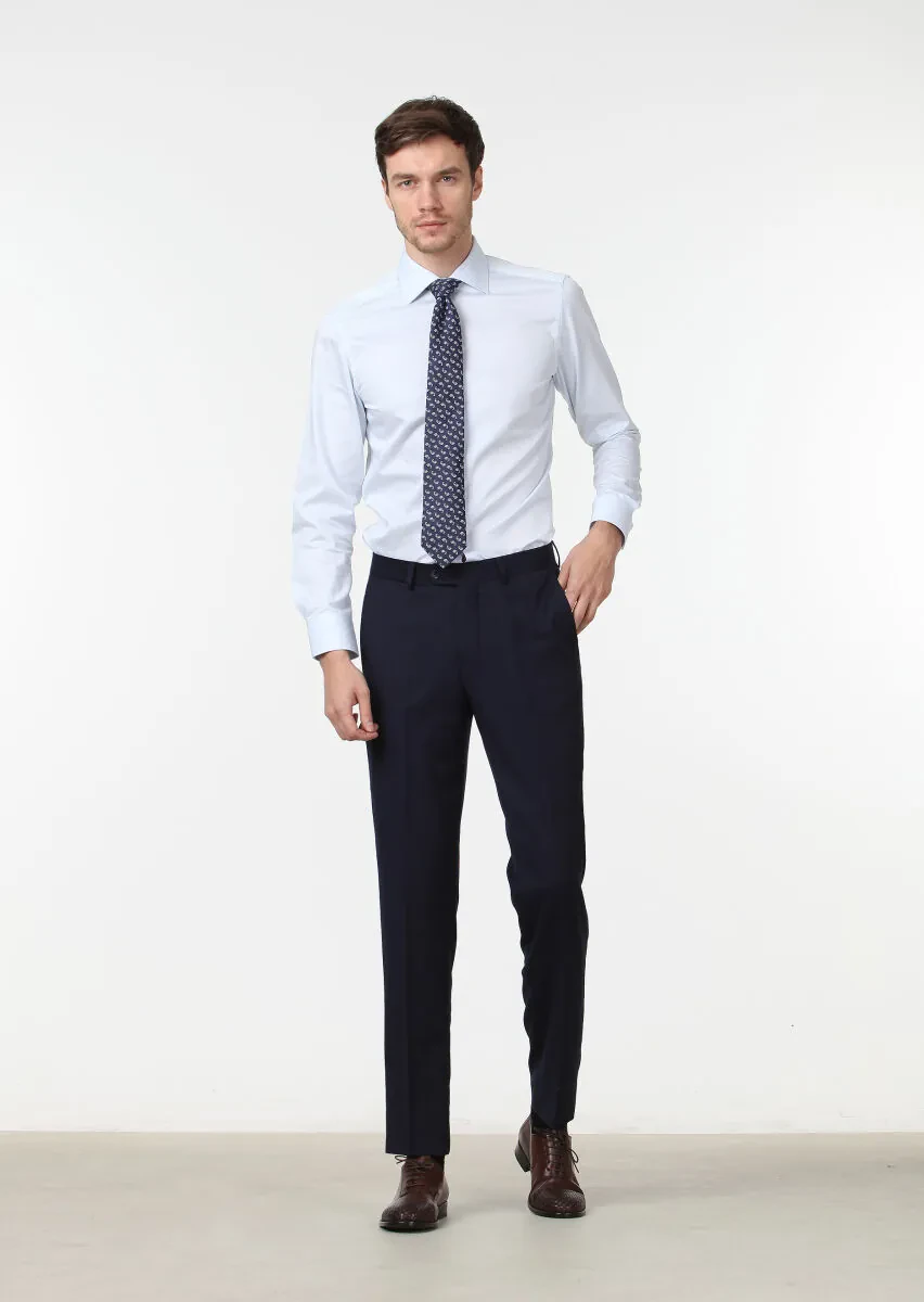 Navy Blue Weaving Regular Fit Classical 100% Wool Trousers - 2