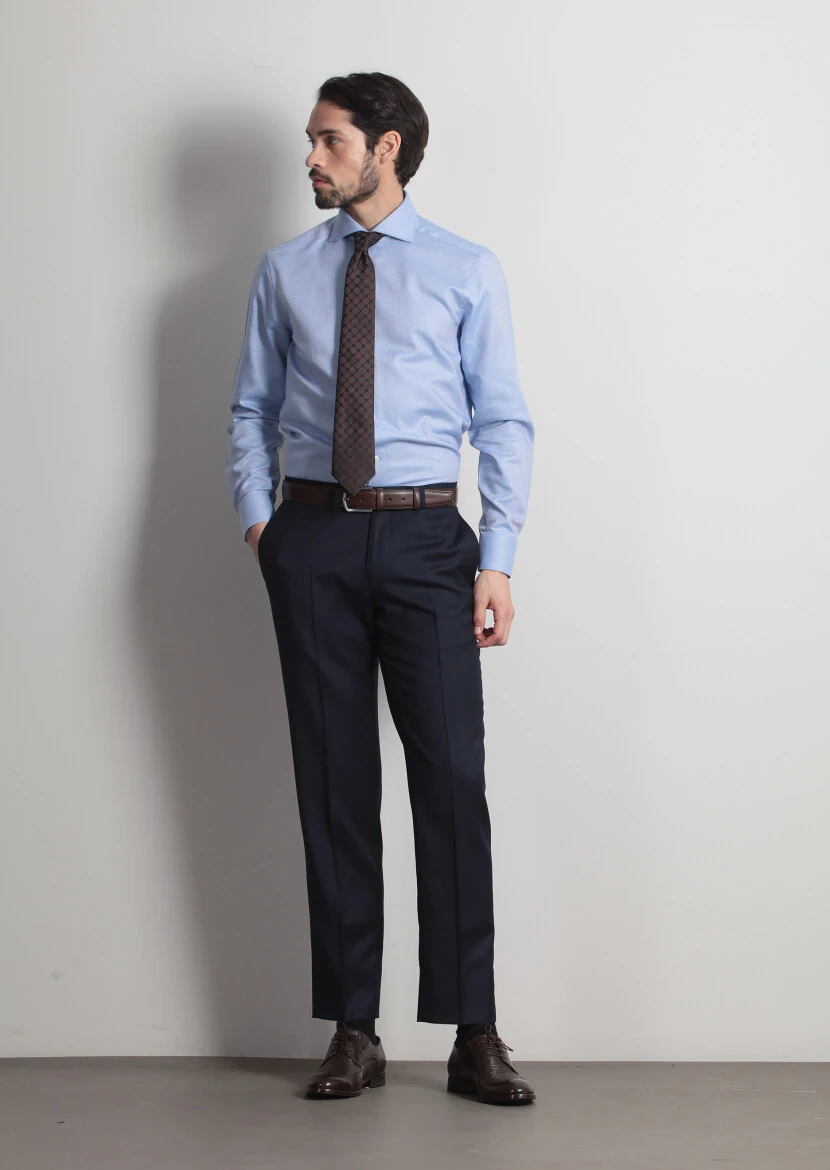 Navy Blue Weaving Regular Fit Classical 100% Wool Trousers - 3