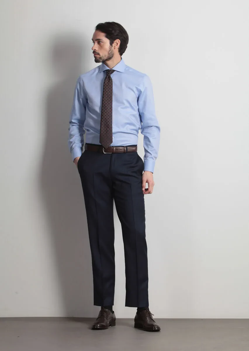 Navy Blue Weaving Regular Fit Classical 100% Wool Trousers - 3