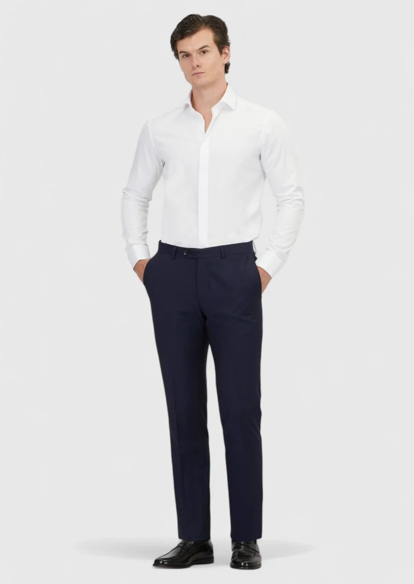 Navy Blue Weaving Regular Fit Classical 100% Wool Trousers - RAMSEY