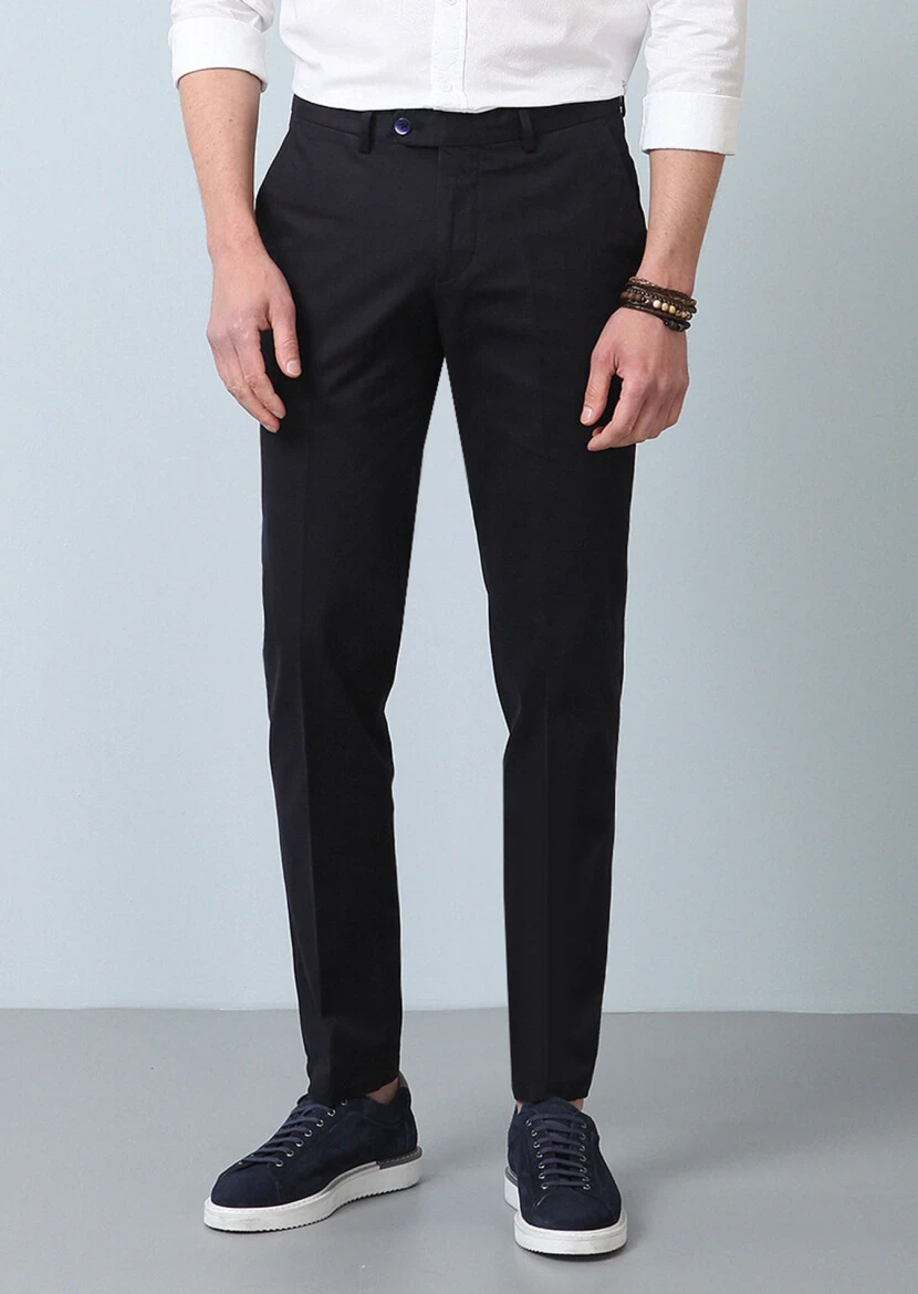 Navy Blue Weaving Regular Fit Smart Casual Cotton Blended Trousers - 1