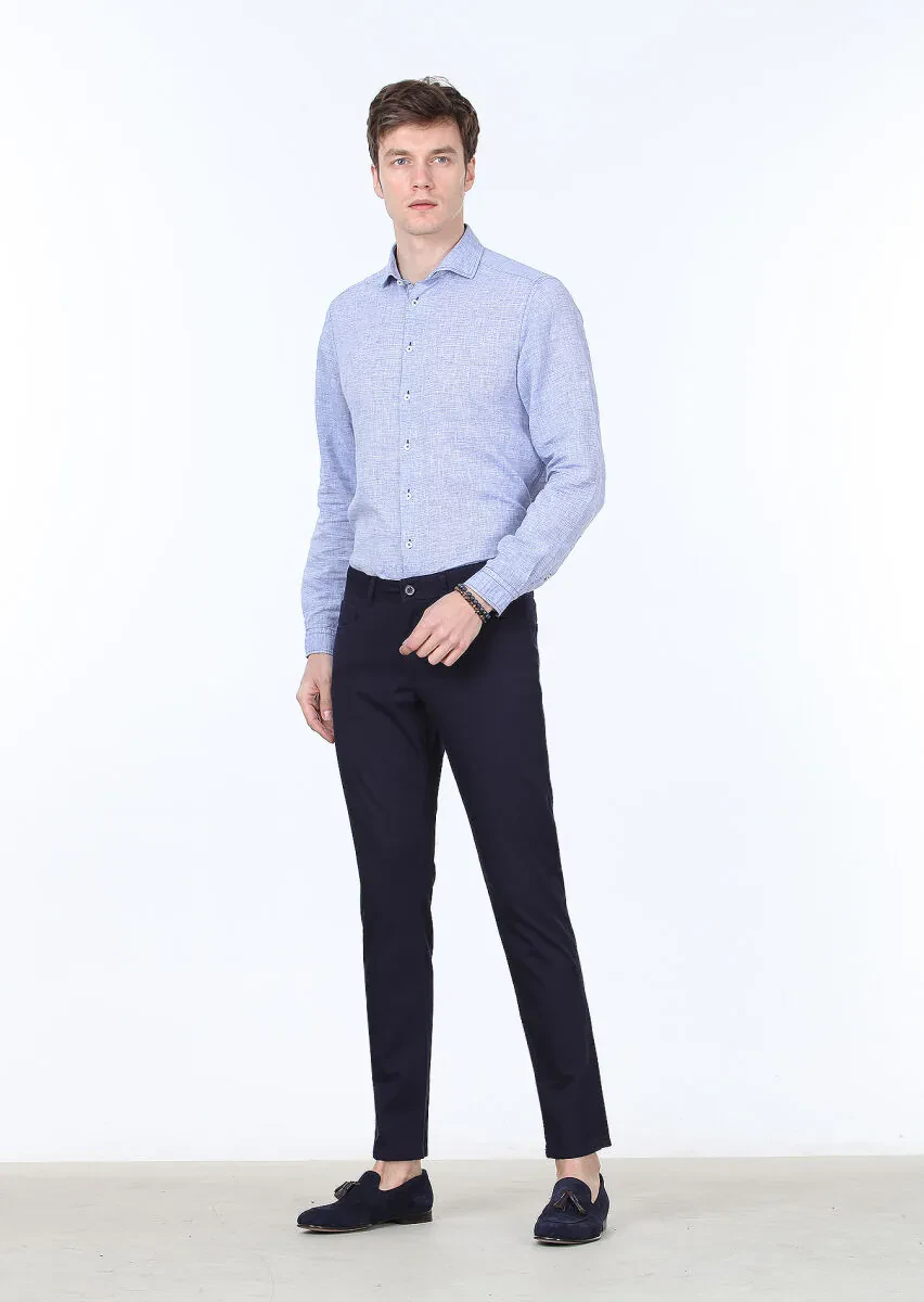 Navy Blue Weaving Slim Fit Casual 100% Cotton Trousers - 1