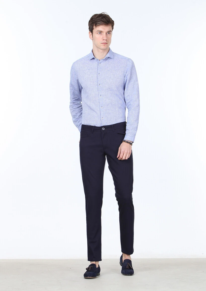 Navy Blue Weaving Slim Fit Casual 100% Cotton Trousers 