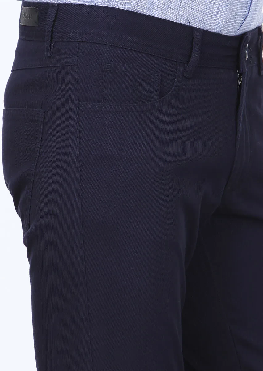 Navy Blue Weaving Slim Fit Casual 100% Cotton Trousers - 3