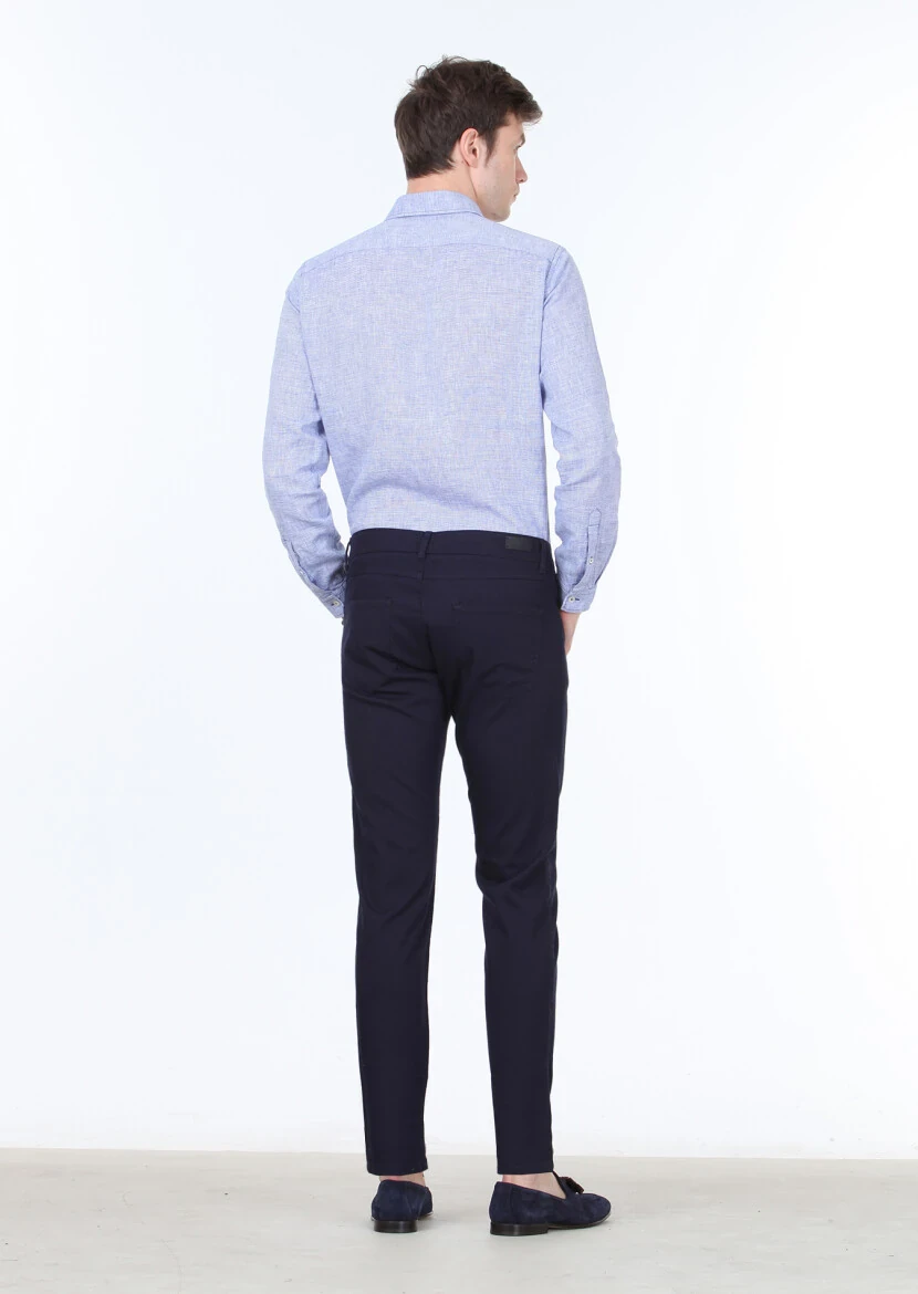 Navy Blue Weaving Slim Fit Casual 100% Cotton Trousers - 4