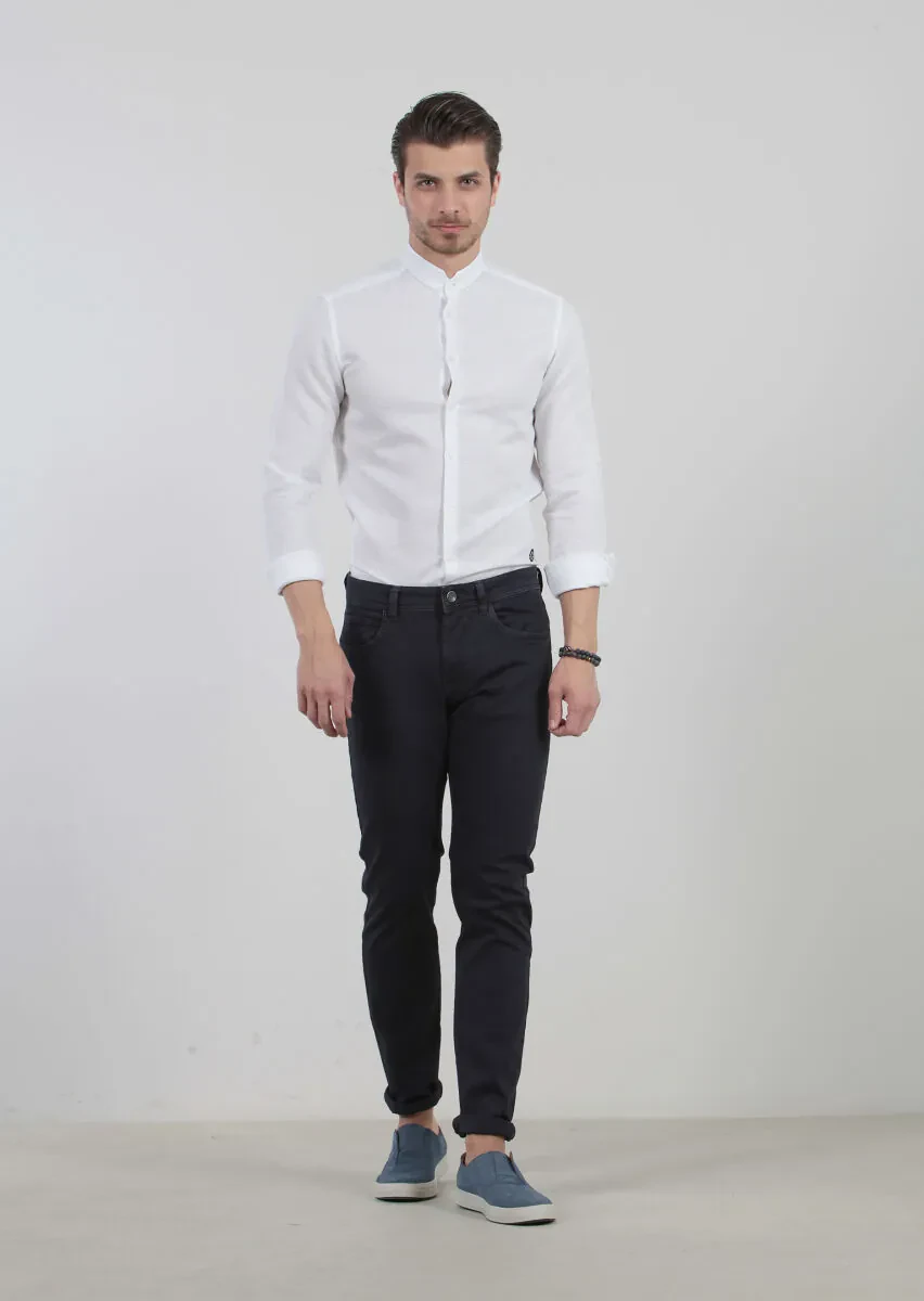 Navy Blue Weaving Slim Fit Casual Cotton Blended Trousers - 1