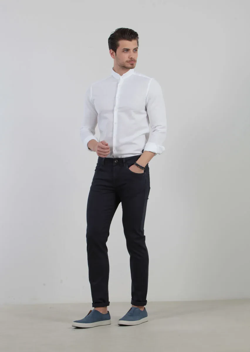 Navy Blue Weaving Slim Fit Casual Cotton Blended Trousers - 2