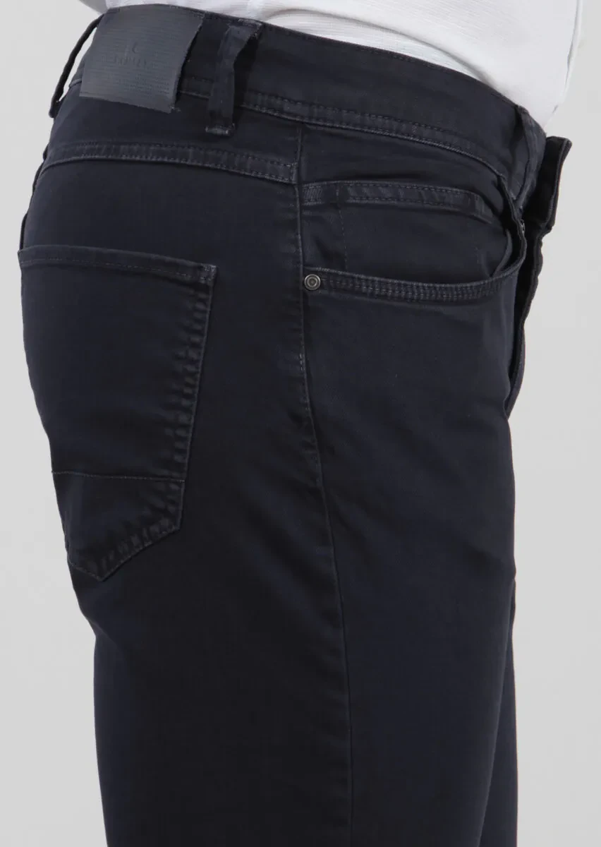 Navy Blue Weaving Slim Fit Casual Cotton Blended Trousers - 3