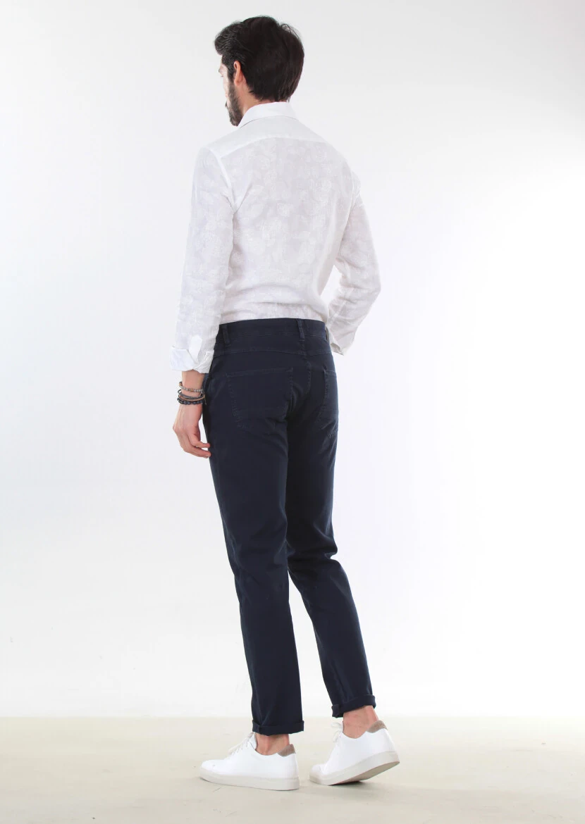 Navy Blue Weaving Slim Fit Casual Cotton Blended Trousers 