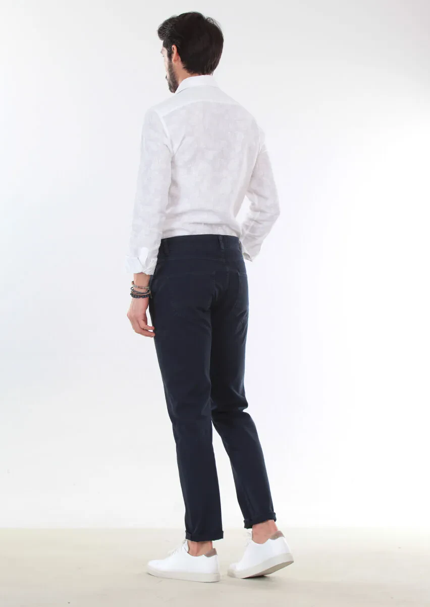 Navy Blue Weaving Slim Fit Casual Cotton Blended Trousers - 2