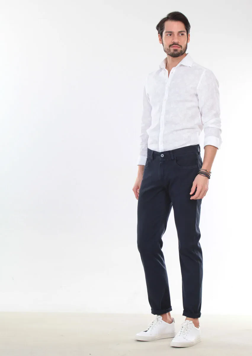 Navy Blue Weaving Slim Fit Casual Cotton Blended Trousers - 3