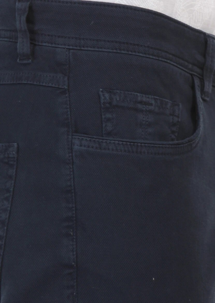 Navy Blue Weaving Slim Fit Casual Cotton Blended Trousers - 5